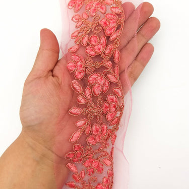 Pink Net Fabric Lace Trim with Floral Embroidery, Lace Trim, Sari Border